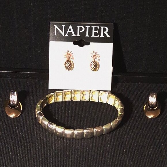 Napier and Unknown Jewelry - Napier Pineapple Earrings, Elastic Bracelet, Silver/Gold Toned Hoop Earrings